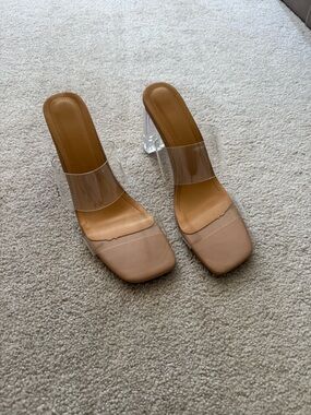 Clear Strap Nude Block Heel Mule